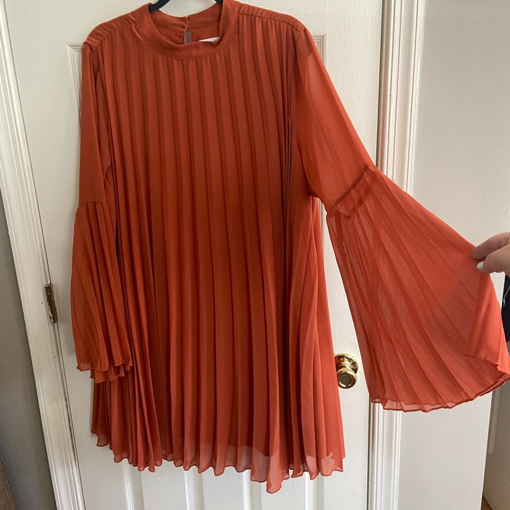 ASOS Design Pleated Trapeze mini dress with fluted sleeve